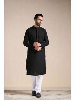 Manyavar - Black Blended Cotton Embroidery Kurta with Pencil Pajama (Set of 2)