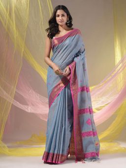 CHARUKRITI - Light Grey Cotton Blend Handwoven Nakshi Design Saree with Unstitched Blouse