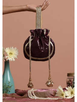 SWABHIMANN - Dupe Wine and Gold Georgette Sequin Potli Bag