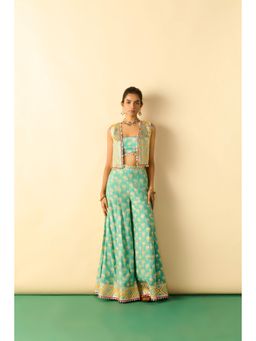 Gopi Vaid - Women Aqua Eira Top with Palazzo and Jacket