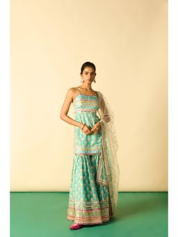Gopi Vaid - Women Aqua Dhriaa Strappy Tunic with Sharara and Dupatta