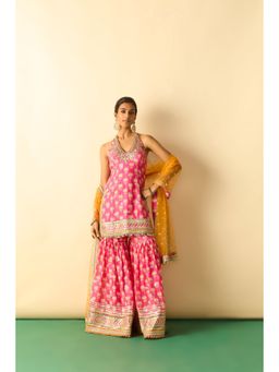 Gopi Vaid - Women Aqua Dwisha Halter Tunic with Sharara and Dupatta