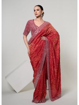 OHH CROW - Spiced Coral Celestial Mirror Saree with Stitched Blouse