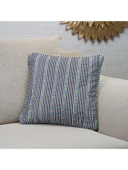 HomeTown - Indian Botanical Stripe Hand Embroidered Cushion Cover 40 x 40 Cm in Sage Green Colour
