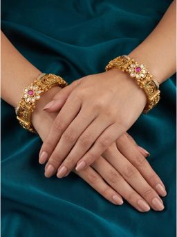 Adwitiya - Womens Gold Plated Floral Kemp Temple Bangles (Pack of 2)