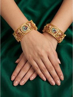 Adwitiya - Womens Gold Plated Peacock Meenakari Kada Bangles (Pack of 2)