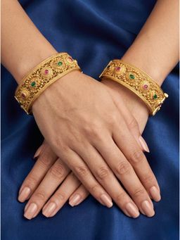 Adwitiya - Womens Gold Plated Ruby and Emerald Filigree Kada Bangles (Pack of 2)