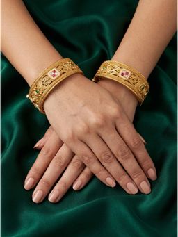 Adwitiya - Womens Gold Plated Royal Mosaic Temple Kada Bangles (Pack of 2)