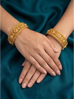 Adwitiya - Womens Gold Plated Ornate Filigree Temple Kada Bangles (Pack of 2)