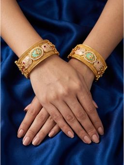 Adwitiya - Womens Gold Plated Mint and Pink Meenakari Temple Kada Bangles (Pack of 2)