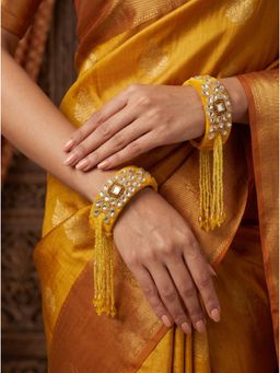 Adwitiya - Womens Mustard Yellow Velvet and Kundan Tassel Kada Bangles (Pack of 2) (2.6)