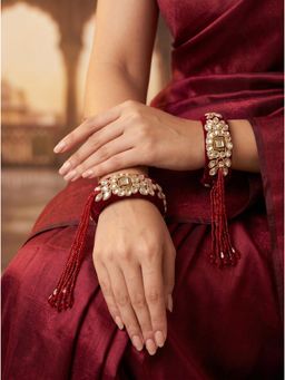 Adwitiya - Womens Maroon Velvet and Kundan Tassel Kada Bangles (Pack of 2) (2.6)