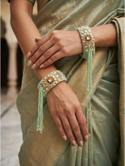 Adwitiya - Womens Mint Green Velvet and Kundan Tassel Kada Bangles (Pack of 2) (2.6)