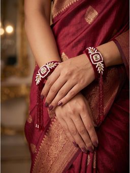 Adwitiya - Womens Maroon Velvet and White Bead Work Tassel Kada Bangles (Pack of 2) (2.6)