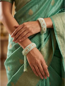 Adwitiya - Womens Mint Green Velvet and White Bead Work Tassel Kada Bangles (Pack of 2) (2.6)
