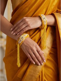 Adwitiya - Womens Mustard Yellow Velvet and White Bead Work Tassel Kada Bangles (Pack of 2) (2.6)