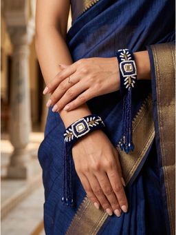 Adwitiya - Womens Navy Blue Velvet and White Bead Work Tassel Kada Bangles (Pack of 2) (2.6)