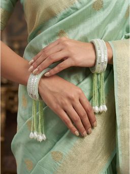 Adwitiya - Womens Mint Green Velvet Sequin and Pearl Tassel Kada Bangles (Pack of 2) (2.6)