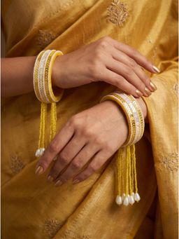 Adwitiya - Womens Golden Yellow Velvet Sequin and Pearl Tassel Kada Bangles (Pack of 2) (2.6)