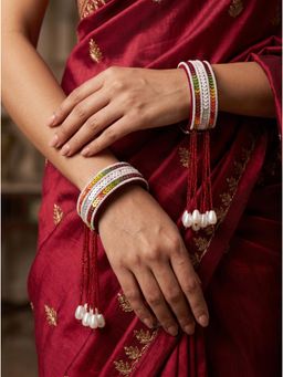 Adwitiya - Womens Maroon Velvet Sequin and Pearl Tassel Kada Bangles (Pack of 2) (2.6)