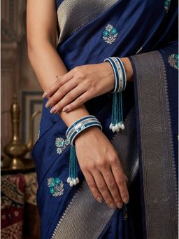 Adwitiya - Womens Royal Blue Velvet Sequin and Pearl Tassel Kada Bangles (Pack of 2) (2.6)