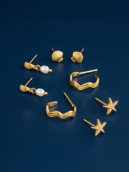 Accessorize London - Womens 14k Gold Plated Shell Pearl Stud and Hoop Earrings (Pack of 4)