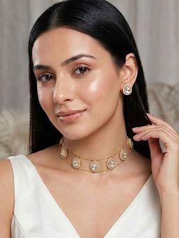 Niscka - Gold Plated White Kundan CZ Teardop Choker Necklace with Earrings