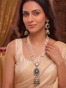 Niscka - Elegant Pearl Emerald Kundan Layered Necklace with Long Earrings