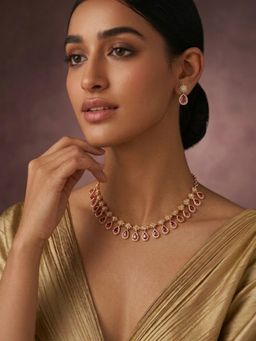 Niscka - 24K Gold Plated Red and White CZ Waterdrop Star Necklace with Earrings