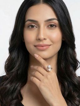 Niscka - Rhodium Plated Pearl and American Diamond Statement Ring