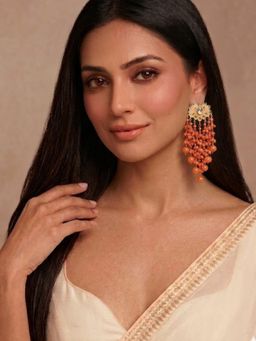 Niscka - Matte Gold Meenakari Orange Beaded Dangler Earrings