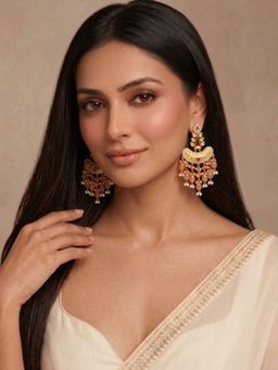 Niscka - Matte Gold Peach Meenakari Kundan CZ Artisan Earrings