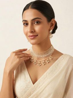 Niscka - Matte Gold Multilayered Faux Pearl Multichain Necklace with Earrings