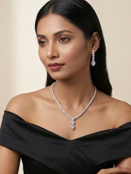 Niscka - Rhodium Plated Triple Heart AD Tennis Necklace with Earrings