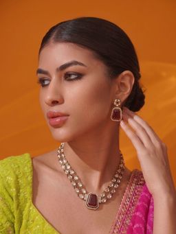 Niscka - Gold Plated Double Layered Red Kundan CZ Necklace with Earrings