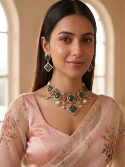 Niscka - Matte Gold Multi-Color Marble Stone Choker Necklace with Earrings