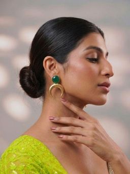 Niscka - 24K Gold Plated Crescent Green Stone Statement Earrings