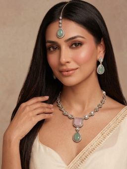 Niscka - Gold Plated Pink and Cyan Kundan CZ Necklace with Earrings