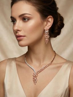 Niscka - Elegant Gold Plated Floral CZ Statement Necklace with Earrings