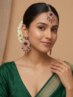 Niscka - Royal Gold Plated Ruby Kundan Earrings and Maangtikka