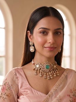 Niscka - 24K Gold Plated Cyan and White CZ Kundan Choker with Earrings