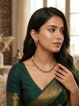 Niscka - Gold Plated Floral Multi-Color Artisan Necklace with Earrings