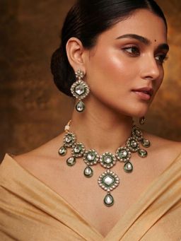 Niscka - Gold Plated Floral Kundan CZ Meenakari Necklace with Earrings