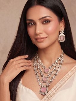 Niscka - Grand Triple Layered Pink Kundan CZ Necklace with Earrings