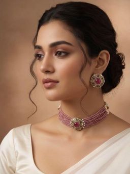 Niscka - Pink Faux Pearl Multilayered Kundan Choker with Earrings