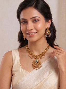 Niscka - Antique Gold Plated Traditional CZ Necklace with Earrings