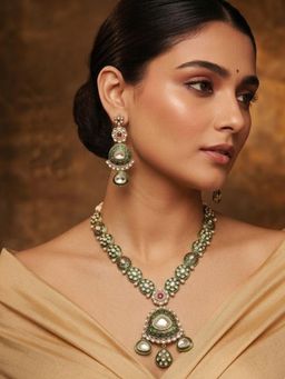 Niscka - Traditional Green Kundan and Ruby Dangler Necklace with Earrings