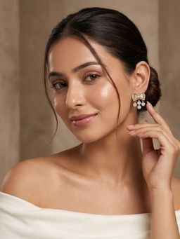 Niscka - Gold Plated Bow Design Off White Statement Earrings