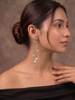 Niscka - Rhodium Plated Pearl Long Dangler Statement Earrings