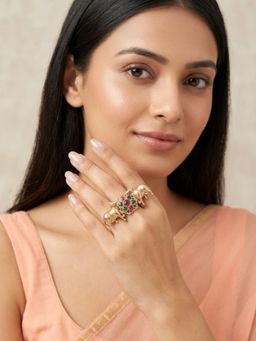 Niscka - Gold Plated Cow Design Red and Green Statement Ring
